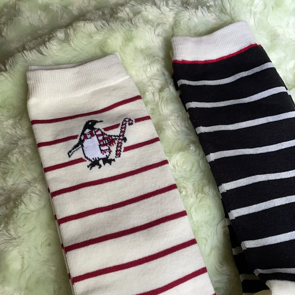 LANDS END Penguin Christmas Striped Socks 3 Pack Red Navy Blue - Host Pick 🎉